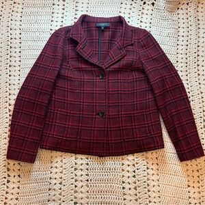 Talbots Red/Black Houndstooth Plaid Wool Blend Blazer Size 10 Petite